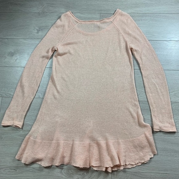 Free People Thin Knit Linen Blush Pink Tunic Sweater Ruffle Hem - Picture 2 of 9